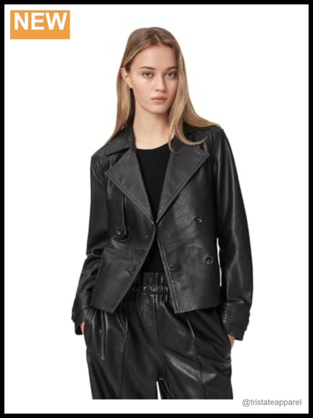 Cropped Leather Moto Jacket Long Sleeve Lapel Collar Button Closure